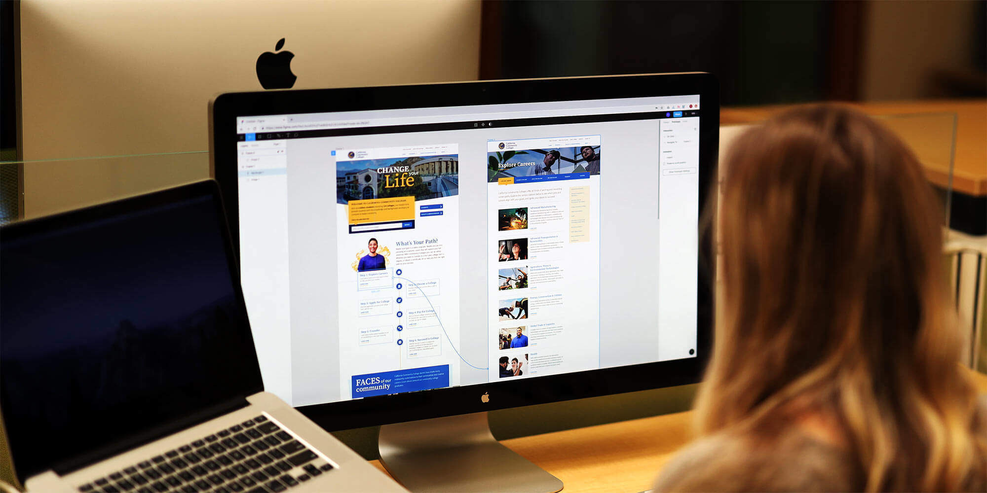Designer working on the California Community Colleges Chancellor’s Office website mockup in Figma.app