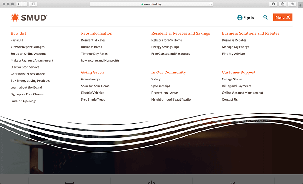 SMUD website branded mega menu