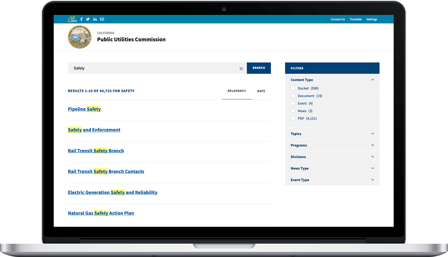 CPUC Search Results with filtering and sorting.