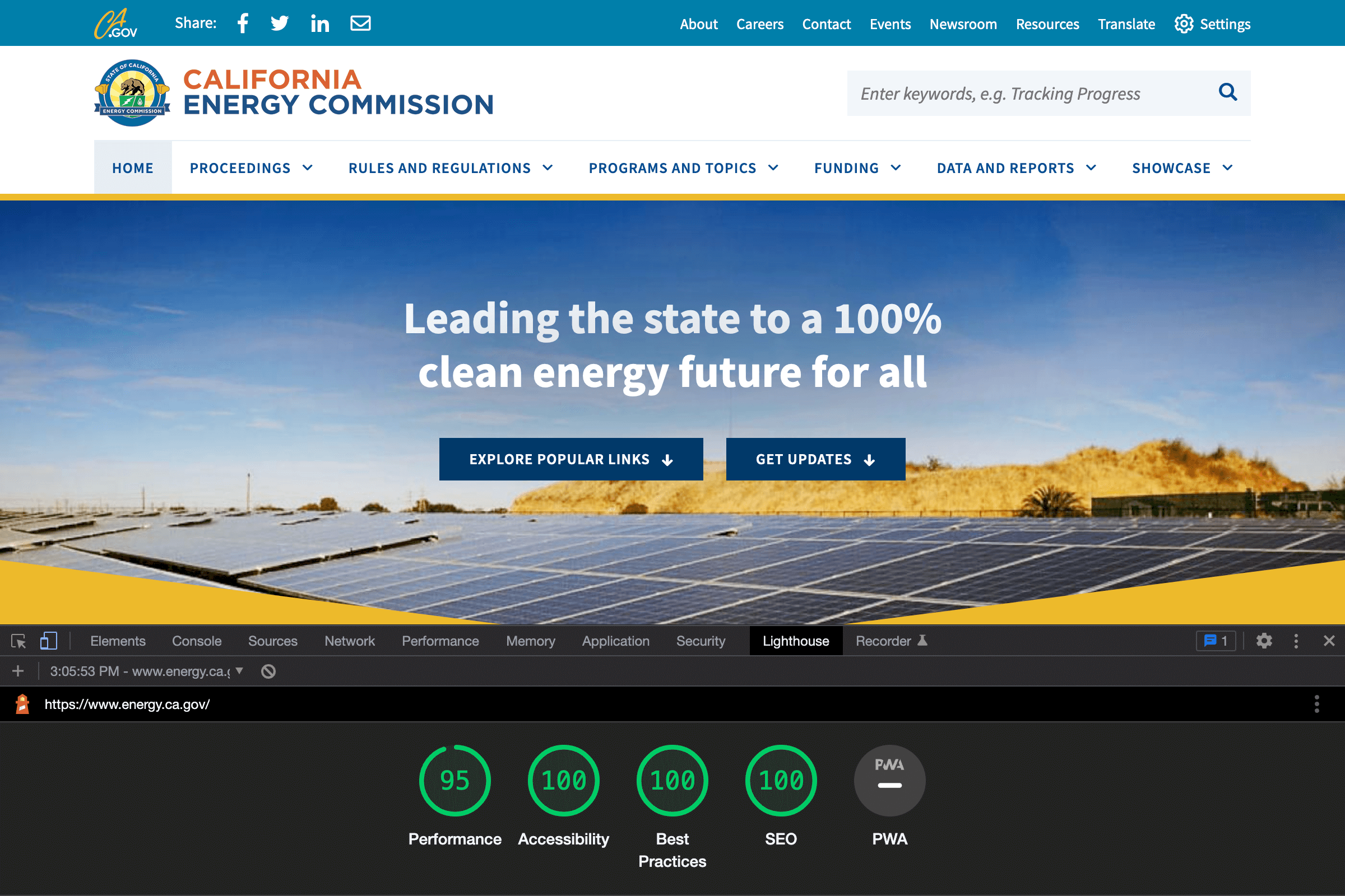California Energy Commission Google Lighthouse scores: 95, 100, 100, 100.